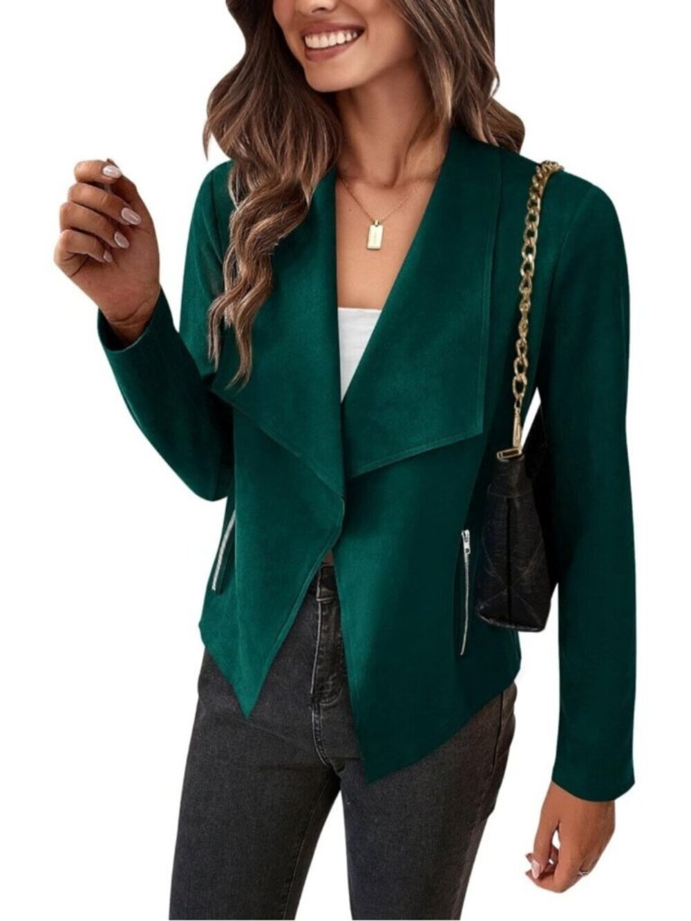 Women's Green Faux Suede Open Front Waterfall Collar Long Sleeve Draped Jacket